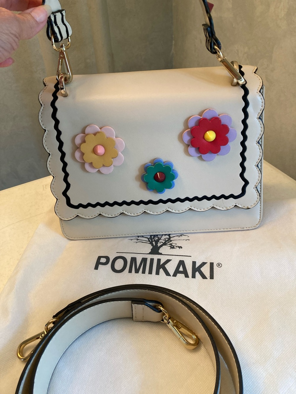 Pomikaki Cream Shoulder Bag with Colorful Floral Appliqués